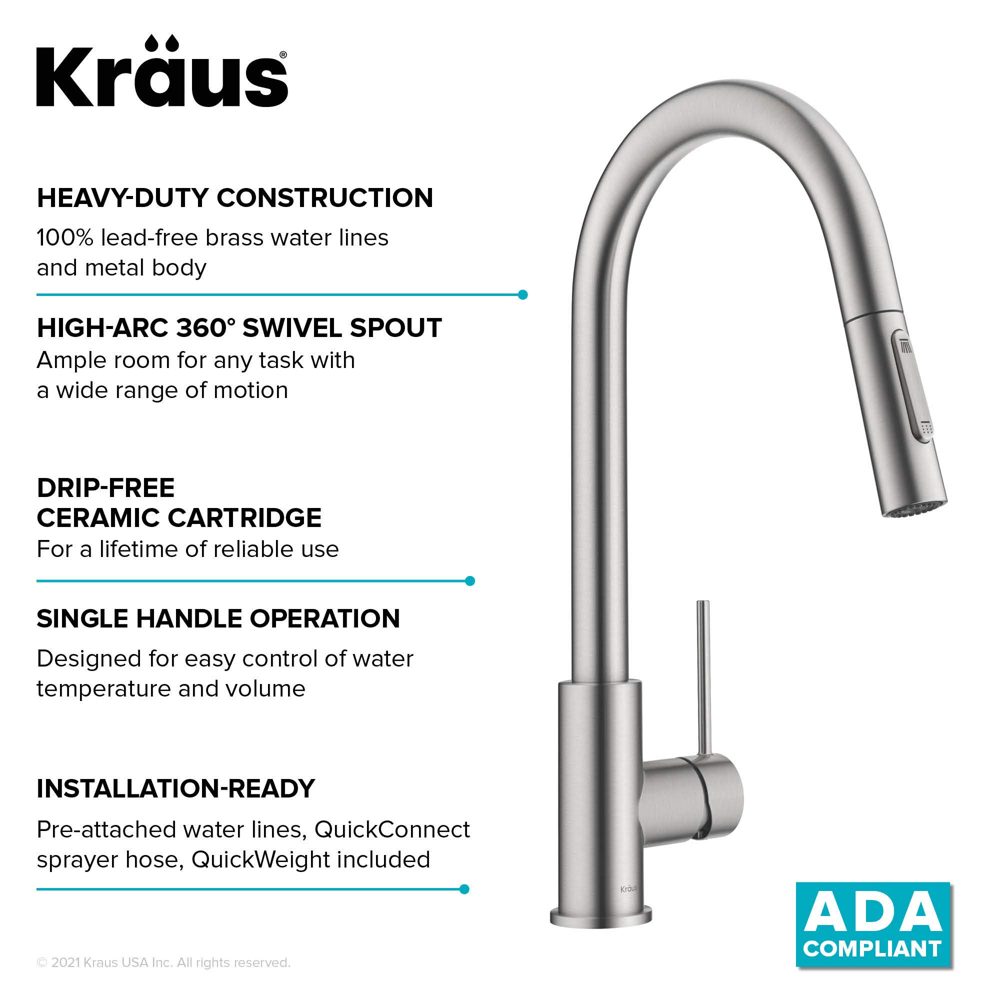 Kraus KPF-3104SFS Oletto Contemporary Pull-Down Single Handle Kitchen Faucet, 16.25 inch, Spot Free Stainless Steel