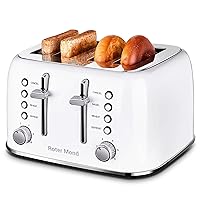 Toaster 4 Slice, Roter Mond Retro Stainless Steel Toaster with Extra Wide Slots Bagel, Defrost, Reheat Function, Dual Independent Control Panel, Removable Crumb Tray, 6 Browning Levels, White