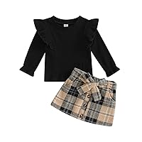 Infant Toddler Baby Girl Fall Outfits Fly Sleeve Knit T-shirt Top + Plaid A-Line Mini Skirts Set 2Pcs Kids Clothes