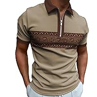 Men's Zipper Polo Shirt Knit Casual Short Sleeve Polo T Shirt Classic Fit Business Shirts Vintage Florl Printed Golf Tops