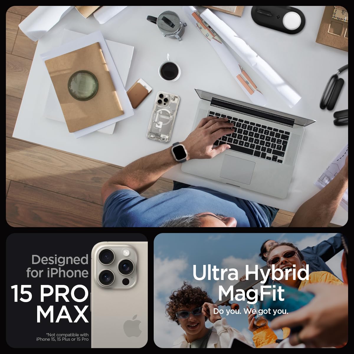 Spigen Ultra Hybrid MagFit Designed for iPhone 15 Pro Max Case (2023) - Zero One Natural Titanium