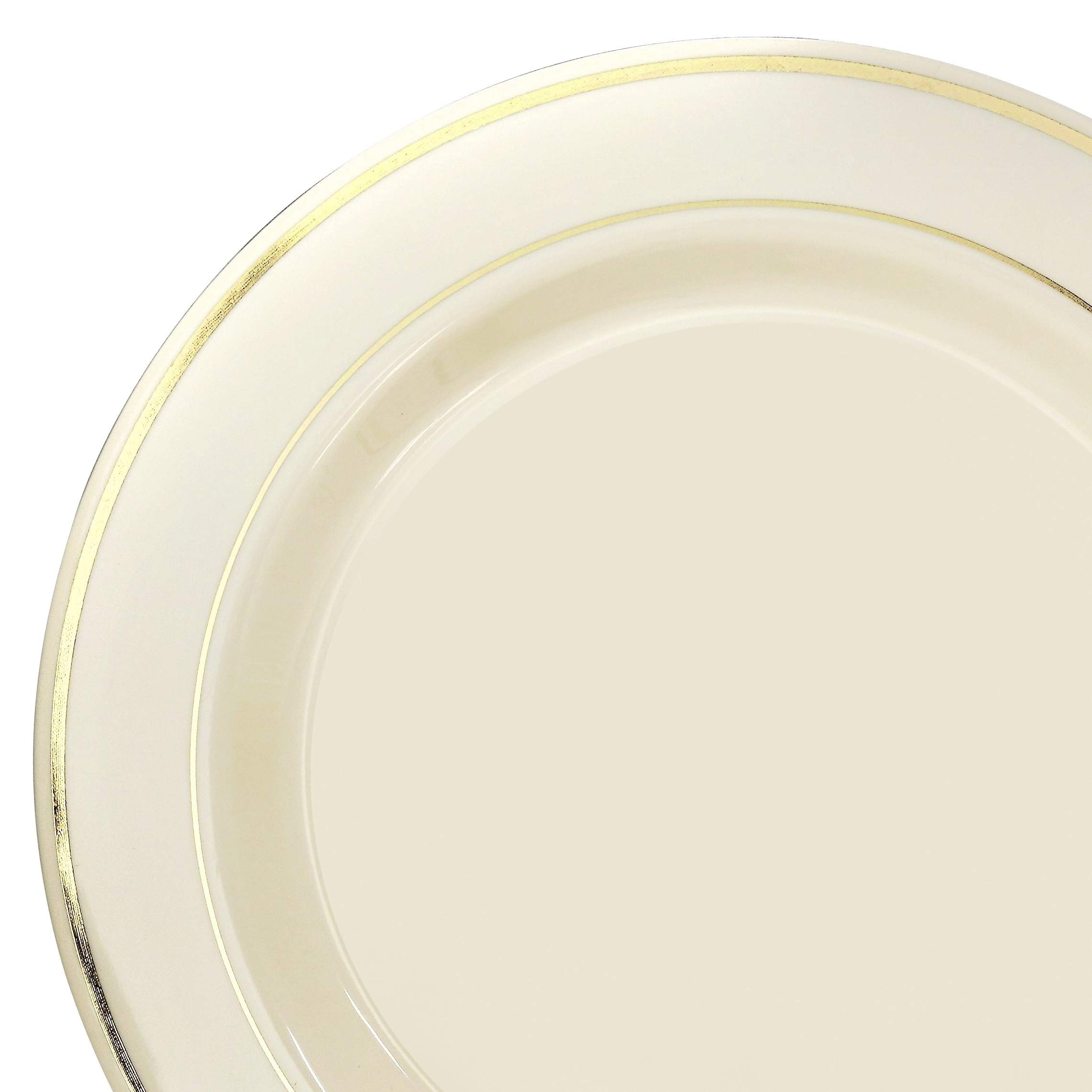 OCCASIONS 120 Plates Pack, Heavyweight Disposable Wedding Party Plastic Plates (10.5'' Dinner Plate, Ivory & Gold Rim)