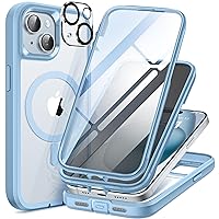 Magnetic for iPhone 15 Case Compatible with Magsafe, [Dustproof Design] Built-in 9H HD Tempered Glass Screen Protector & Privacy Screen Protector + 2X Camera Lens Protector, Sky Blue