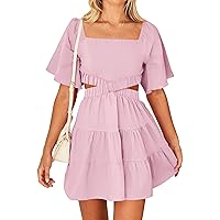 BTFBM Women Summer Dresses 2023 Square Neck Short Sleeve Cutout Crossover Waist Casual Party Tiered A-Line Mini Dress