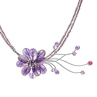 NOVICA Artisan Handmade Amethyst Quartzite Choker Beaded Flower Necklace Purple Stainless Steel Thailand Jewelry Pendant Birthstone Quartzglass [15in L x 1.4in W] 'Lilac Floral Chic'