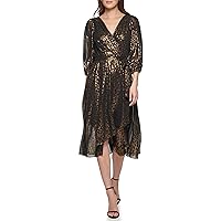 DKNY Women's Balloon Half Sleeve Faux Wrap Midi Dress