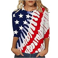 4th of July Womens Tops Summer Casual 3/4 Sleeve Loose T Shirts Crewneck America Flag Cute Blouse Graphic Tees Tunics