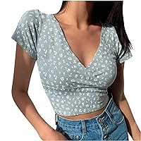 Summer Tops for Women 2024 Trendy Floral Print Tee Sexy Wrap V Neck Short Sleeve Ladies Blouse Going Out Crop Top Y2K Clothes