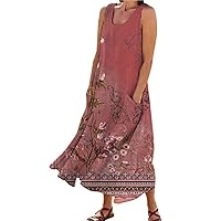 Sundresses for Women Women's Fashion Crew Neck Casual 3D Flower Print Cuffless Pocket Long Vest Dress Casual