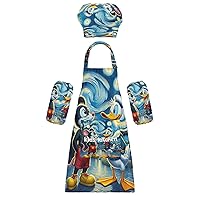 Starry Night Cartoon Character 3 Pcs Kids Apron Toddler Chef Painting Baking Gardening (with Pockets) Adjustable Artist Apron for Boys Girls-S