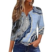 Womens 3/4 Sleeve Tops, Button V Neck Loose Fit Fashion Shirts Graphic Casual Going Out Tees Blouses
