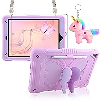 for iPad 9th 8th 7th Generation Case iPad 10.2 Case for Kids Girls with Screen Protector Butterfly Kickstand Shoulder Strap Pencil Holder Keychain Heavy Duty Rugged Protective Tablet Cover