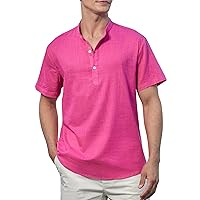 Enlision Mens Cotton Linen Henley Shirts Casual Short Sleeve Shirt Summer Beach Hippie Tshirt Band Collar Shirt for Men