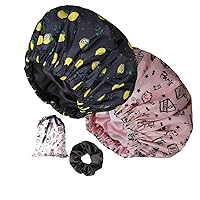 2Pcs Shower Cap with Satin Interior, Shower Cap for Women, Extra Large&Reusable&Waterproof Shower Cap for All Length Hair, Adjustable &Double Layers &Reversible Shower cap (pink+black flower)