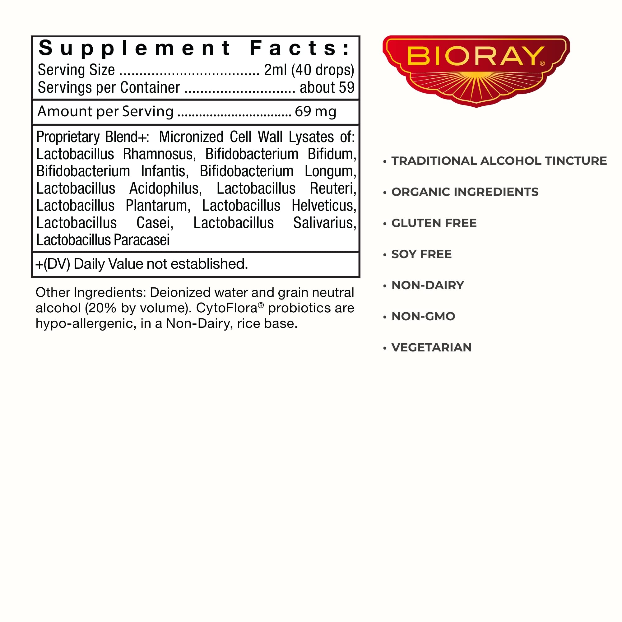 BIORAY Professional CytoFlora - 4 fl oz - Probiotic Immunity Tonic - Improves Bowel & Gut Function - Non-GMO, Vegetarian, Gluten Free
