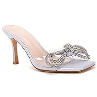 VETASTE Women's Heeled Sandals Square Open Toe Double Bow Satin Mules Heels Wedding Party Slip on Stilettos