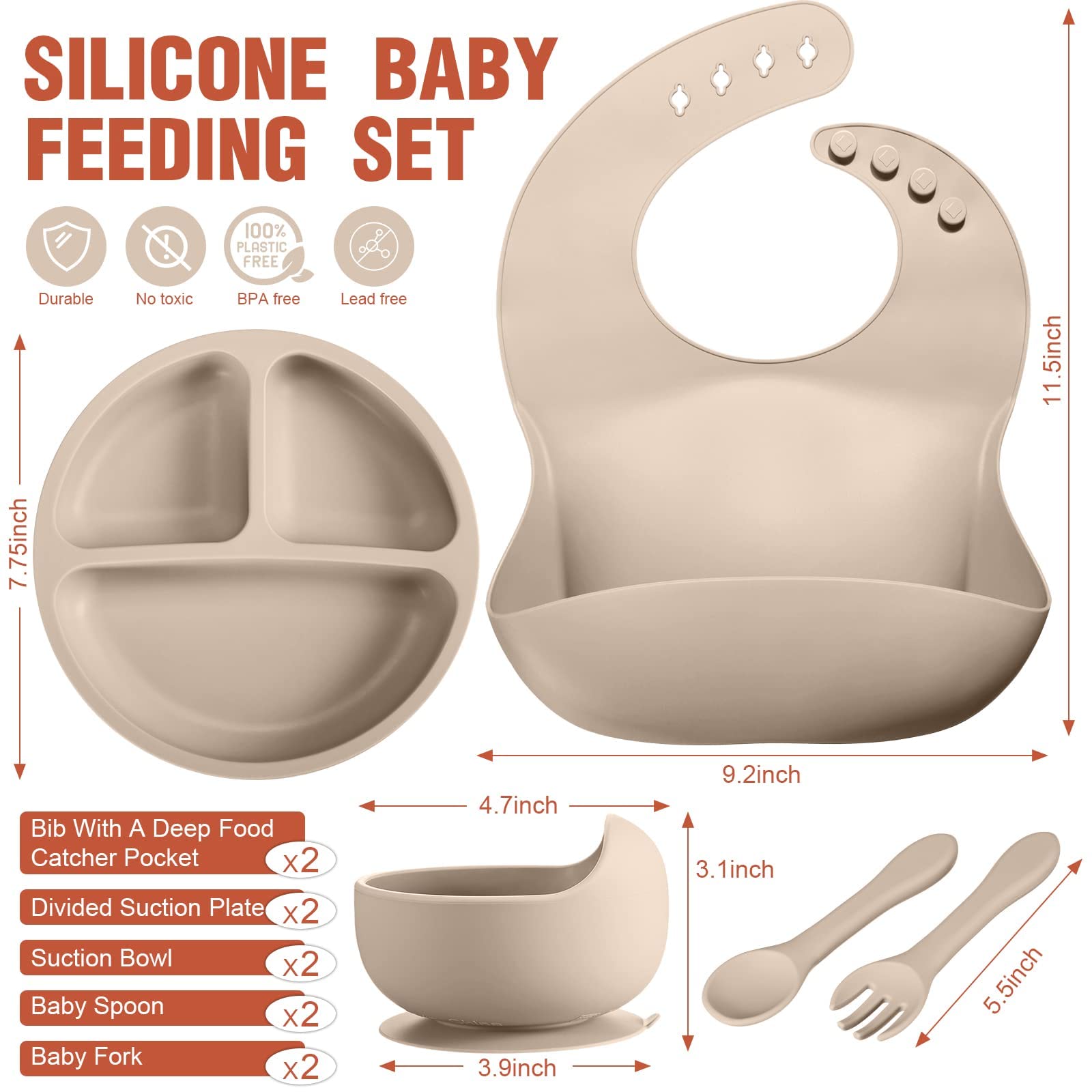 Potchen 10 Pack Silicone Baby Feeding Set, Toddlers Led Weaning Supplies with Suction Bowl Divided Plate Adjustable Bib Soft Spoon Fork, Infant Self Eating Utensil Set (Beige, Orange)