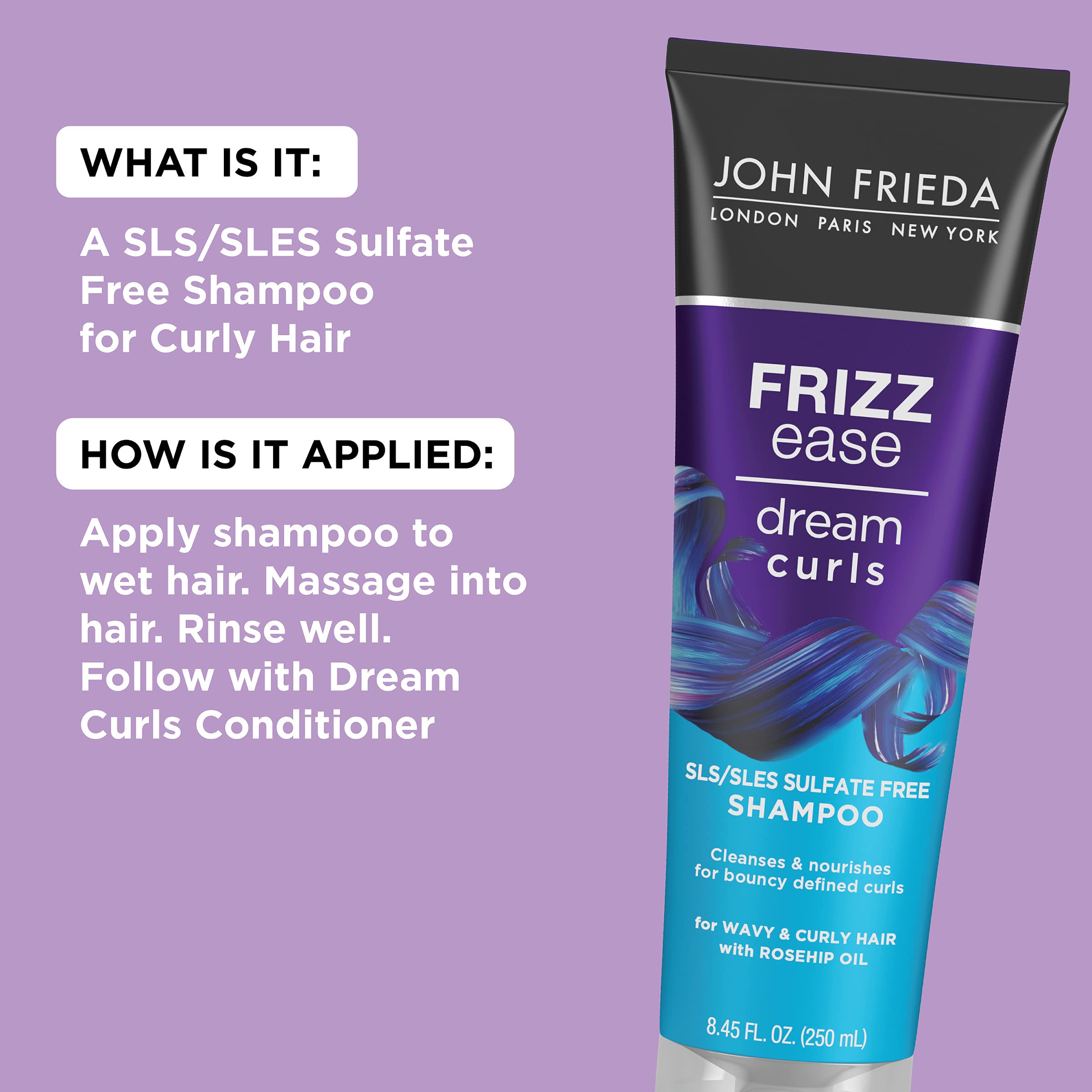John Frieda Frizz Ease Dream Curls Curly Hair Shampoo, SLS/SLES Sulfate Free, Helps Control Frizz, with Curl Enhancing Technology, 8.45 Fluid Ounces (Pack of 2)