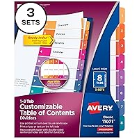 Avery 8 Tab Dividers for 3 Ring Binders, Customizable Table of Contents, Multicolor Tabs, 3 Sets (11071)
