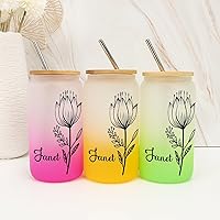 Glass Can Cup with Lid And Straw 16 Oz Birth Flower Drinking Cup with Name Cute Customized Bachelorette Party Gifts Frosted Glass for Milk Graduation Girlfriend Best Friend Gifts
