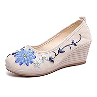 Hee grand Women Wedges Heeled Shoes Chinese Style Embroidered Shoes Comfort Cotton and Linen Slip On Walking Shoes
