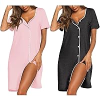 Ekouaer Nightgowns for Women 2 Pack Button Down Sleepshirt Short Sleeve Nightshirt Soft Sleepwear V Neck Pajama Dress S-XXXL