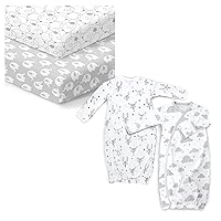 Bundle of 2 Organic Cotton Portable Crib Sheets and 2 Kimono Gowns Size 0-6 Mo in Gender Neutral Gray and White Patterns. an Ideal Newborn Gift for Boy or Girl