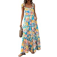 Striped Summer Dress for Women, Dresses Floral Sleeveless Maxi Casual Spaghetti Strap Tiered Flowy, S XXL
