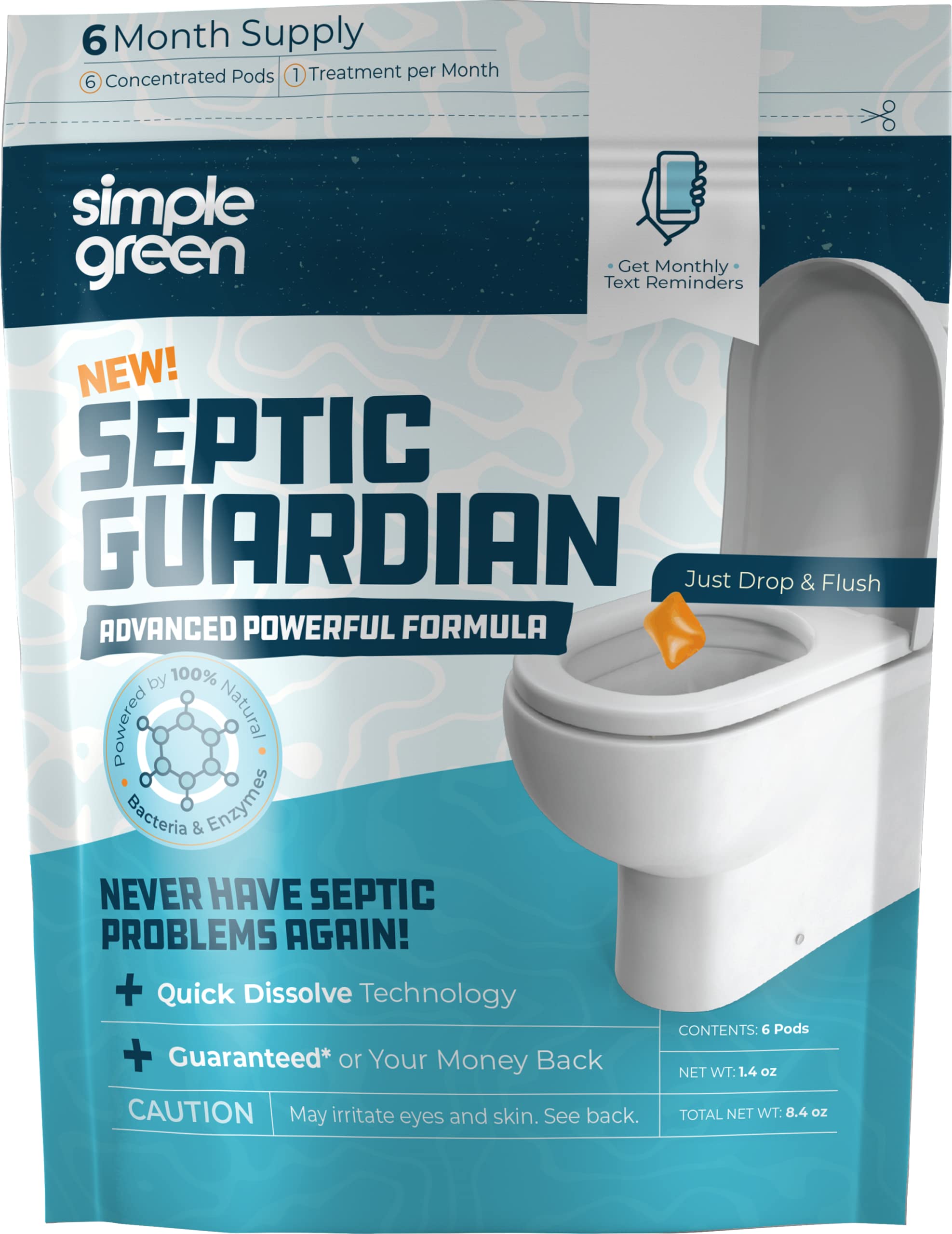 Simple Green Septic Guardian Monthly Septic Tank Treatment Pods – 6 Month Supply of Dissolvable Easy Flush Live Bacteria Pods (6 Count)