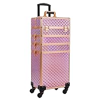 Rolling Makeup Train Case Large Storage Cosmetic Trolley 4 in 1 Large Capacity Trolley Makeup Travel Case with Key Swivel Wheels Salon Barber Case Traveling Cart Trunk, Pink