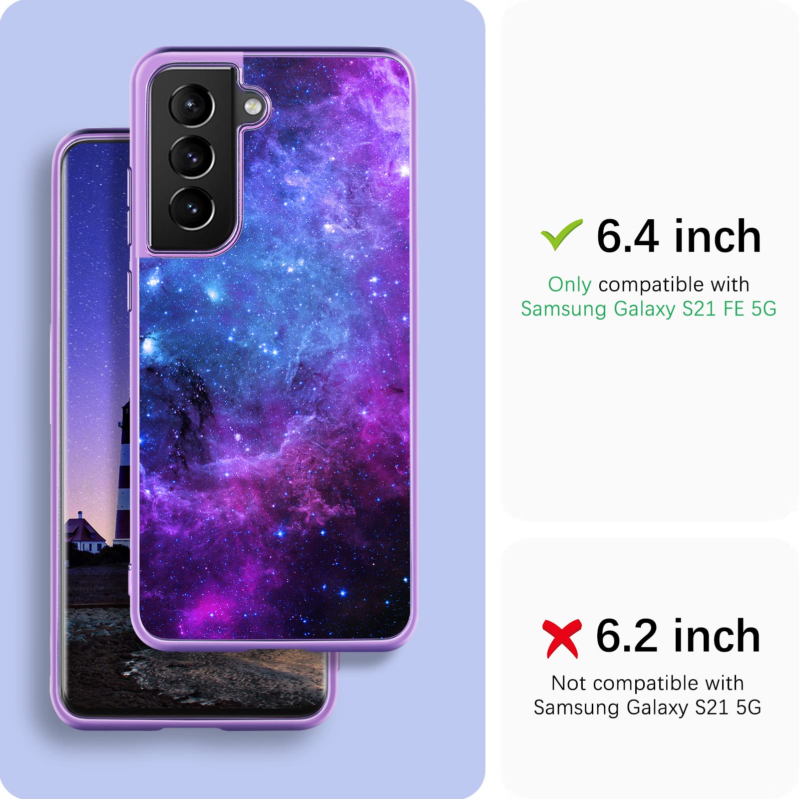 GUAGUA Compatible with Samsung Galaxy S21 FE 5G Case 6.4 Inch Glow in The Dark Noctilucent Luminous Space Nebula Slim Fit Cover Protective Anti Scratch Case for Galaxy S21 FE, Blue/Purple