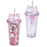 Cute Water Bottle, Water Bottle with Straw Glitter Water Cup Double Layer Water Cup Drinking Cup with Cat Ear for Girl Gift 2PCS 9.5x9.5x20.5 cm 400-500ml Transparent
