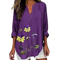 Alzheimers Awareness Shirt for Women V Neck Floral Print Tunic Tops Long Sleeves Loose Fit Blouse Purple T-Shirt