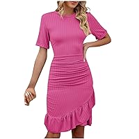 Women's Ruched Bodycon Dress Summer Crew Neck Short Sleeve Ruffle Hem Cocktail Party Midi Dresses for Wedding Guest