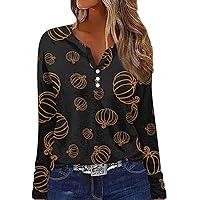 Fashion for Women 2023 Trendy T Shirt Tee Button Halloween Print Long Sleeve Daily Weekend Fashion Basic V-Neck Top