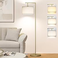 Floor Lamp for Living Room with 3 Color Temperatures Standing Lamp with Adjustable Beige Linen Lampshade Tall Lamps for Bedroom Office Classroom Dorm Room, 9W LED Bulb Included, Gold