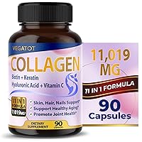 Organic Collagen 11,019mg with Hyaluronic Acid, Vitamin C, Biotin & Keratin, Niacin - Support Skin, Hair, Nails & Joint Health, and Promote Healthy Aging - Made in The USA (90 Count (Pack of 1))