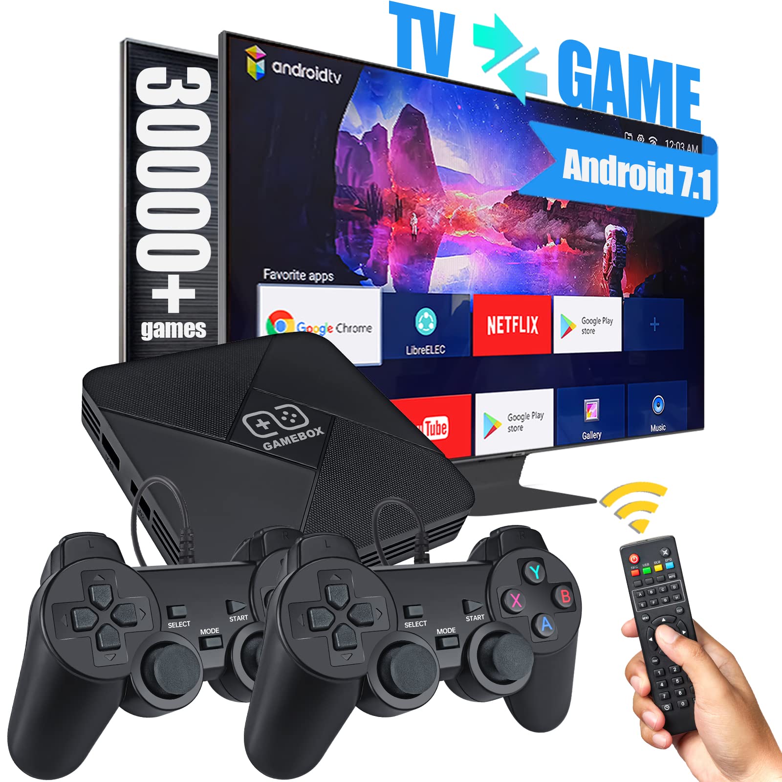 Fadist Super Console 64G, Retro Game Console/Android TV 2 in 1, Built in 30000+ Classic 2D/3D Video Games, 4K HD Output, Plug and Play, Suitable for Home, Party, Gift