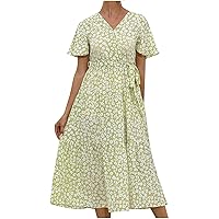 2021 Women V Neck Short Sleeve Lace Up Floral Print Flowy Summer Dress(A)