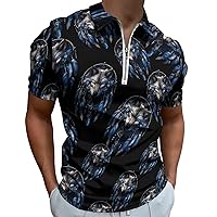 Wolf Dream Catcher Men's Zippered Polo Shirts Short Sleeve Golf T-Shirt Regular Fit Casual Tees