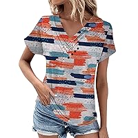 Women Short Sleeve Blouse Summer Tops for Women 2024 Casual Loose Fit V Neck Solid Color Novelty Print Tunic Tops