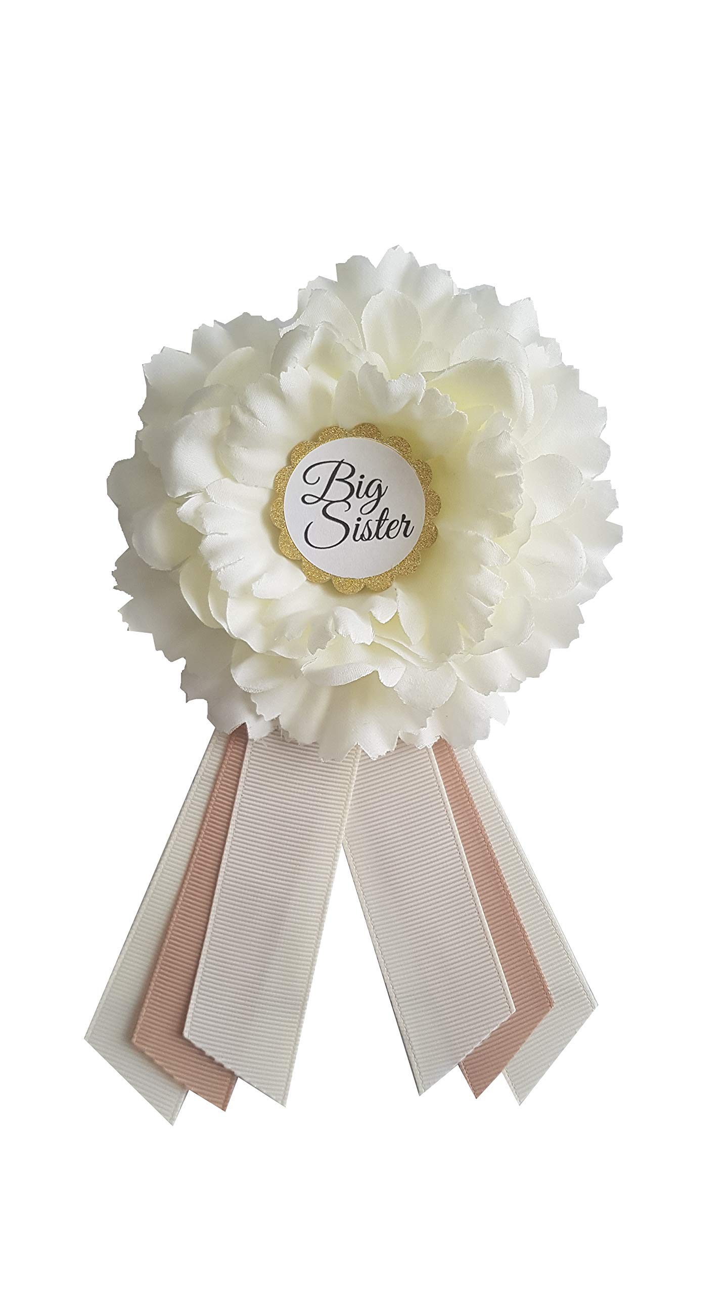 Mom To Be Sash and Dad To Be Pin By LMC | Baby Shower Belly Sash and Corsage | USA Handmade | Heat Sealed Ends | Ivory and Beige (Big Sister pin)