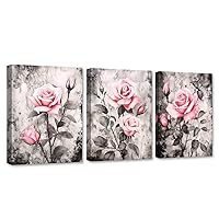 CCWACPP 3 Panels Rose Flower Canvas Wall Art Pink Floral Picture Wall Decor Vintage Flowers Painting Print Home Bathroom Decor Frame (Rose Flower - 2, 12x16inchx3P (30x40cmx3P))