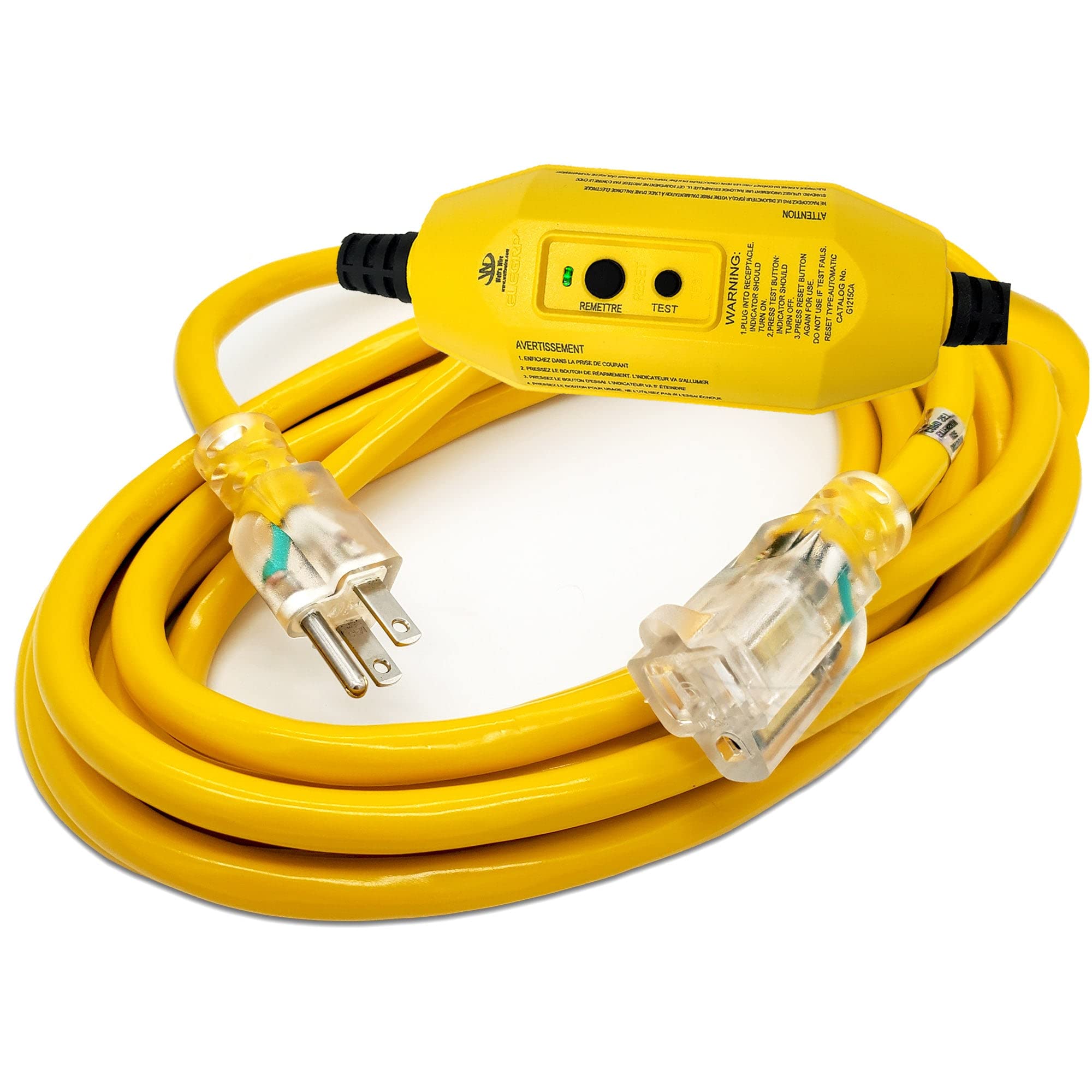 15 ft - GFCI 12 Gauge Heavy Duty SJTW Indoor/Outdoor Yellow Extension Cord by Watt's Wire - 15' 12-Gauge Grounded 15-Amp GFI Power-Cord (15 Foot 12-Awg Yellow GFCI)