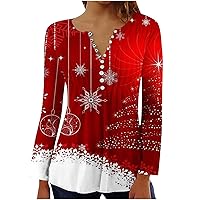 Women's Christmas Tree Print Henley Shirts Plus Size Flowy Long Sleeve Tops Button Up Blouses Pleated Tunics