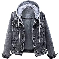 Women's Casual Detachable Hoodie Denim Jacket Long Sleeves Button Down Fitted Denim Jean Jackets