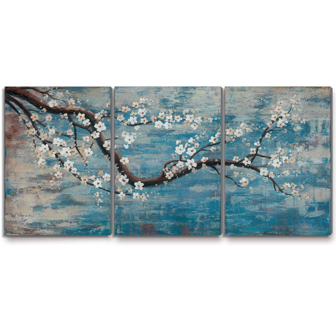 Extra Large Wall Art for Living Room 100% Hand-Painted Framed Decorative Floral Oil Painting Set Decorative Modern Blue Tree Artwork Ready to Hang 72