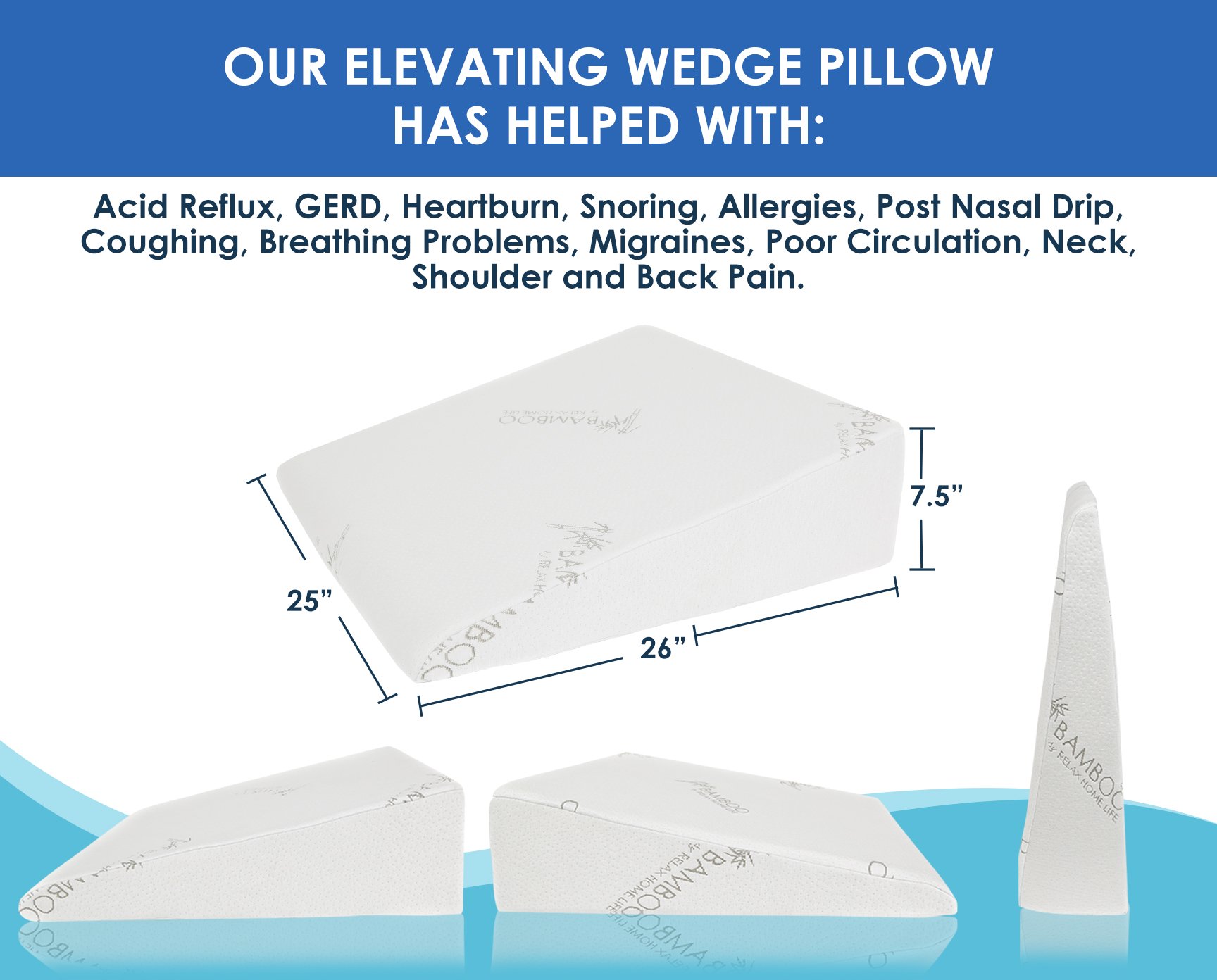 Relax Home Life 7.5 Inch Bed Wedge Pillow for Acid Reflux, 1.5 Inch Memory Foam Top with Bamboo Cover, 25