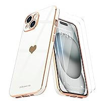 Teageo for iPhone 15 Case with Screen Protector [2 Pack] for Girl Women Cute Girly Love-Heart Luxury Gold Soft Camera Protection Bumper Silicone Shockproof Phone Case for iPhone 15, White