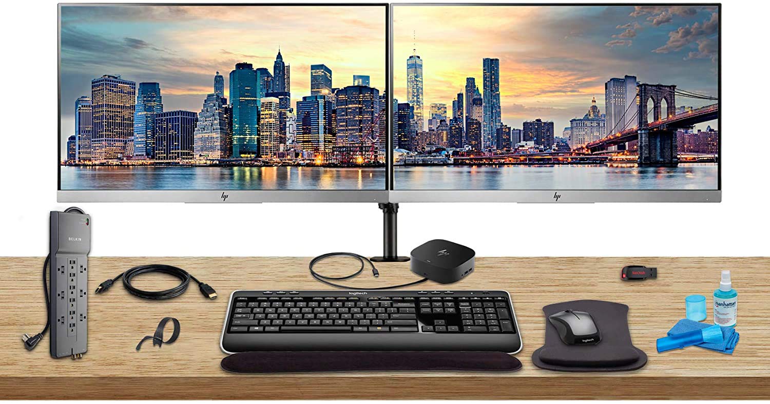 HP Home Office Bundle with 2 x E223 22" Monitors (HDMI, DisplayPort) - HP USB-C Dock - Dual Monitor Stand - Wireless Keyboard and Mouse, Gel Wr...